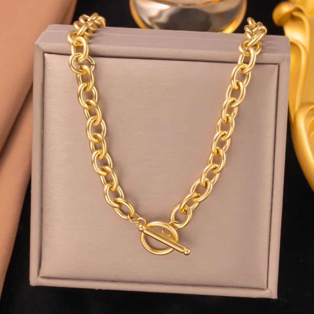 OT Buckle Cable Chain Choker Necklace Gold Tone Titanium Steel 15"  NEW - Picture 4 of 10